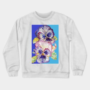 Pansy Watercolor Purple Flower Pattern on Navy and Mid Blue Crewneck Sweatshirt